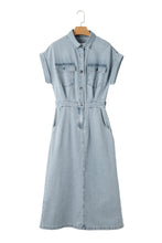 Load image into Gallery viewer, Denim Dress | Beau Blue Short Bat Wing Sleeve Slit Back Dress
