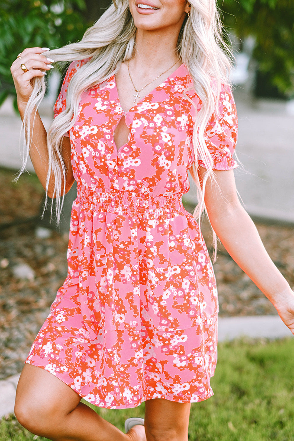 Pink Floral V Neck Short Ruffle Tiered Dress | Dresses/Floral Dresses