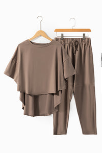 Crop Pants Set | Taupe High Low Boxy Fit Tee and Pants