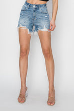 Load image into Gallery viewer, Blue Jean Shorts | RISEN High Rise Frayed Hem Blue Denim Shorts | Blue Jeans
