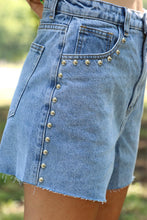 Load image into Gallery viewer, Sky Blue Stud Embellished High Waist Denim Shorts
