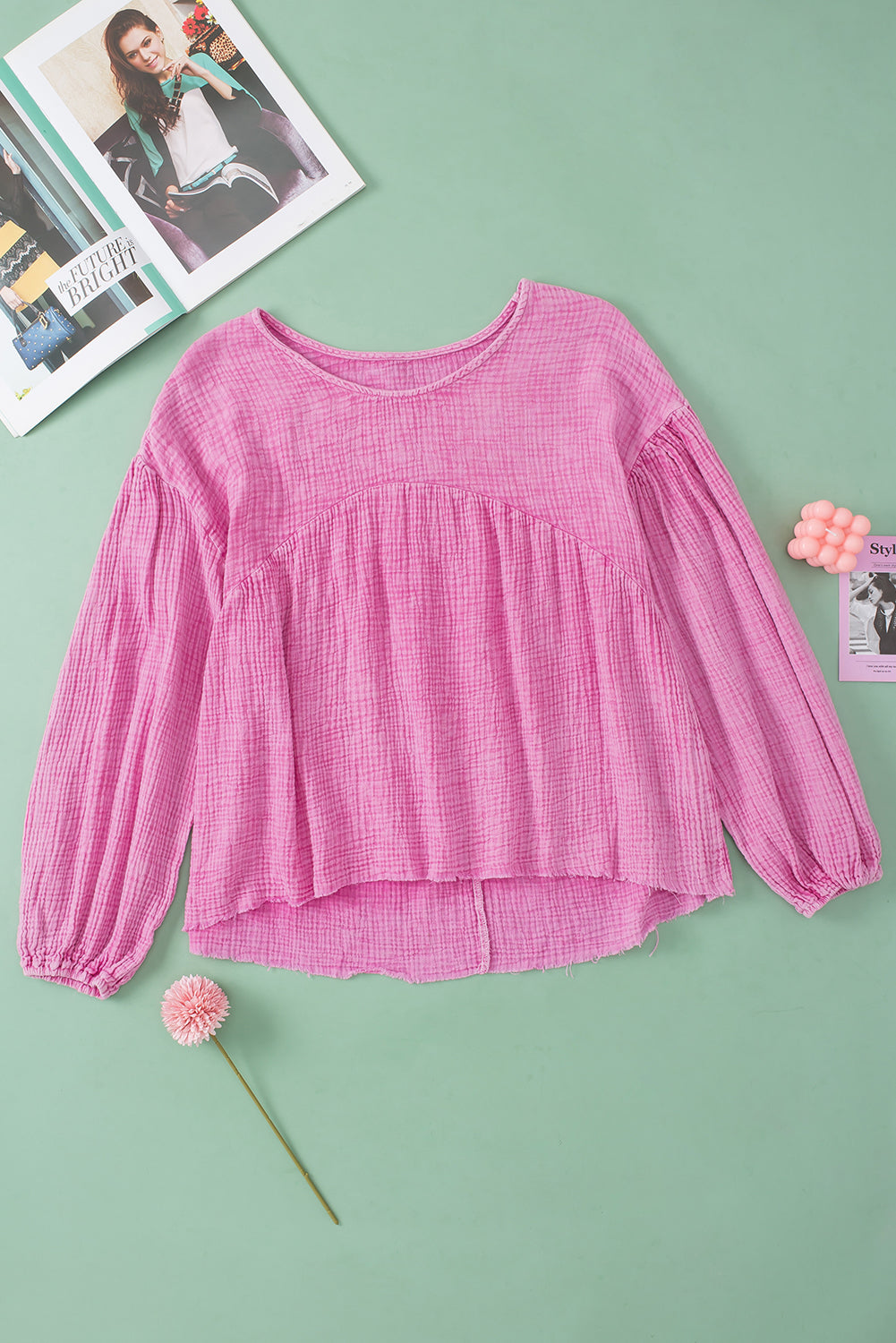 Pink Crinkle Bubble Sleeve Raw Hem Babydoll Blouse | Tops/Blouses & Shirts