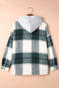 Green Hooded Plaid Button Front Shacket