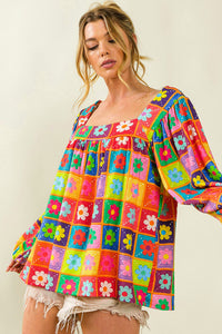 Womens Blouse | Multicolor Floral Crochet Square Neck Puff Sleeve Blouse | Tops/Blouses & Shirts