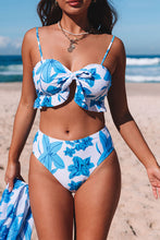 Load image into Gallery viewer, Sky Blue Tropical Ruffle Bikini High Waisted Swimsuit with Sarong | Swimwear/Bikinis
