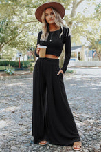 Load image into Gallery viewer, Black Solid Color Ribbed Crop Top Long Pants Set | Two Piece Sets/Pant Sets
