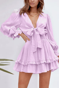 Deep V Neck Lantern Sleeve Knotted Tiered Mini Dress | Dresses/Mini Dresses