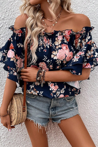 Blue Ruffle Off Shoulder Flounce Sleeve Floral Blouse | Tops/Blouses & Shirts