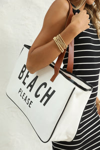 White BEACH PLEASE Print Large Canvas Tote Bag | Shoes & Bags/Handbags