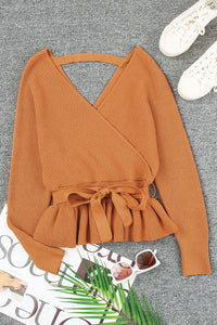 Brown Rib Knit Surplice Neck Belted Peplum Sweater | Tops/Sweaters & Cardigans