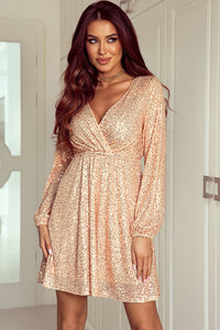 Sequin Dress | Apricot Wrapped V-neck Dress