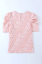Load image into Gallery viewer, Pink Floral Lace Ruched Bubble Sleeve Top | Tops/Tops &amp; Tees
