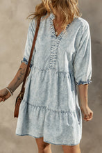 Load image into Gallery viewer, Dusk Blue Acid Wash Retro Half Sleeve Flared Denim Dress | Dresses/Mini Dresses
