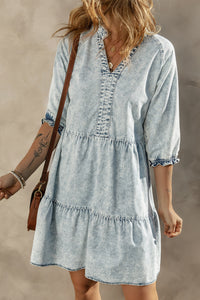 Dusk Blue Acid Wash Retro Half Sleeve Flared Denim Dress | Dresses/Mini Dresses