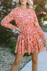 Printed Floral Long Sleeve Frill Tiered Mini Dress