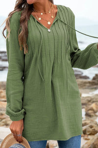 V Neck Blouse | Green Casual Pleated Textured Top