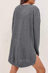 Gray Waffle Knit High Slits Oversized Top | Tops/Long Sleeve Tops