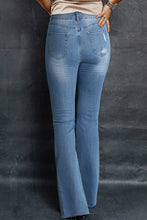 Load image into Gallery viewer, Sky Blue Dark Wash Mid Rise Flare Jeans | Bottoms/Jeans
