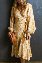 Load image into Gallery viewer, Floral Print Dress | Yellow V Neck Lace Up Bubble Sleeves
