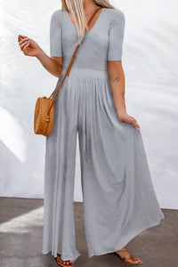 Gray Short Sleeve Bodice Flowy Wide Leg Jumpsuit | Bottoms/Jumpsuits & Rompers