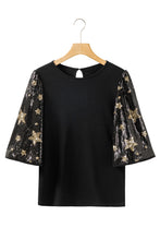 Load image into Gallery viewer, Sequin Top | Black Star Splicing Half Sleeve Top
