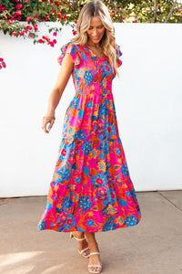 Rose Red Boho Floral V Neck Ruffle Tiered Long Dress | Dresses/Maxi Dresses