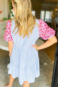 Puff Sleeve Dress | Sky Blue Stripe Contrast Floral Ruffle Dress