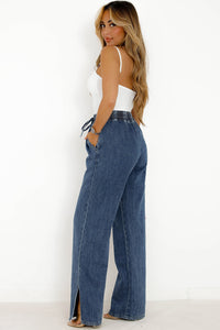 Wide Leg Jeans | Dark Blue Drawstring Elastic Waist