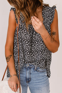 Black Floral Ruffled Straps Flowy Tank Top