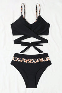 High Waisted Bikini | Black Leopard Criss-Cross Swimsuit