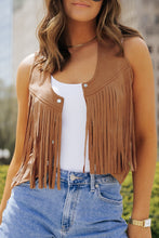 Load image into Gallery viewer, Camel Fringed Snap Button Front Suedette Vest | Outerwear/Jackets
