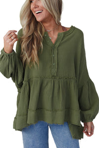 Green Henley Button Drop Shoulder Top