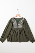 Load image into Gallery viewer, Pleated Loose Blouse | Green Embroidered Split Neck
