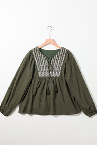 Pleated Loose Blouse | Green Embroidered Split Neck