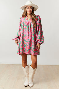 Pink Split V Neck Bubble Sleeve Loose Floral Dress | Dresses/Floral Dresses