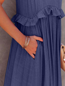 Womens Maxi Dress | Ruffled Sleeveless Maxi Dress with Pockets