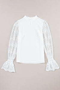 White Lace Sleeve Top | Contrast Lace Mock Neck Blouse