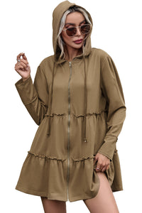 Khaki Tiered Ruffled Zip-Up Drawstring Hooded Jacket | Outerwear/Jackets