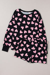 Black Valentine Heart Shape Print Long Sleeve Top Shorts Lounge Set | Loungewear & Sleepwear/Loungewear