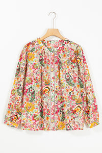 Puff Sleeve Shirt | Multicolor Floral Print Lace Splicing Button up