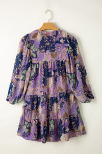 Puff Sleeve Mini Dress | Purple Vintage Daisy Floral Short Dress