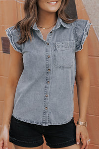 Denim Shirt | Beau Blue Frayed Ruffle Sleeve Top