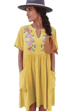 Load image into Gallery viewer, Yellow Split Neck Embroidered Floral Babydoll Swing Dress | Dresses/Floral Dresses
