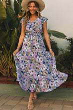 Load image into Gallery viewer, Purple Layered Ruffle Sleeves Long Floral Dress | Dresses/Floral Dresses
