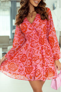 Fiery Red Floral Ruffle Layered Puff Sleeve Surplice Dress | Dresses/Floral Dresses