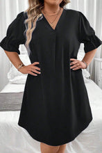 Load image into Gallery viewer, Plus Size Mini Dress | Black Solid Ruffled Puff Sleeve V Neck
