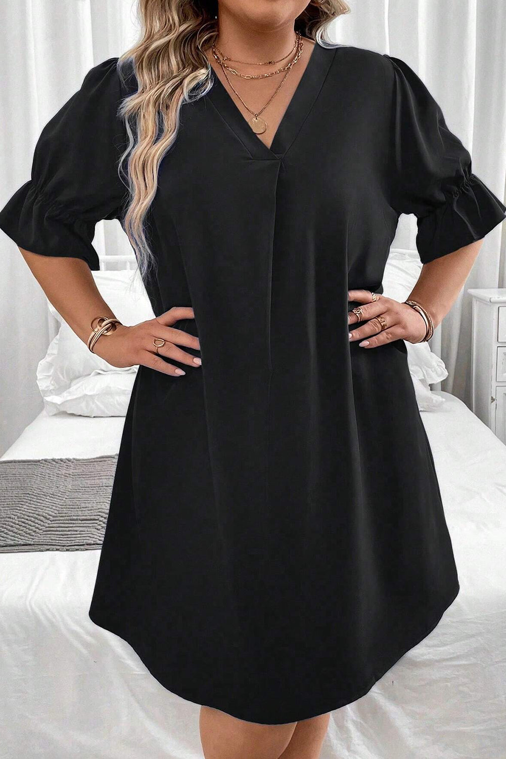 Plus Size Mini Dress | Black Solid Ruffled Puff Sleeve V Neck