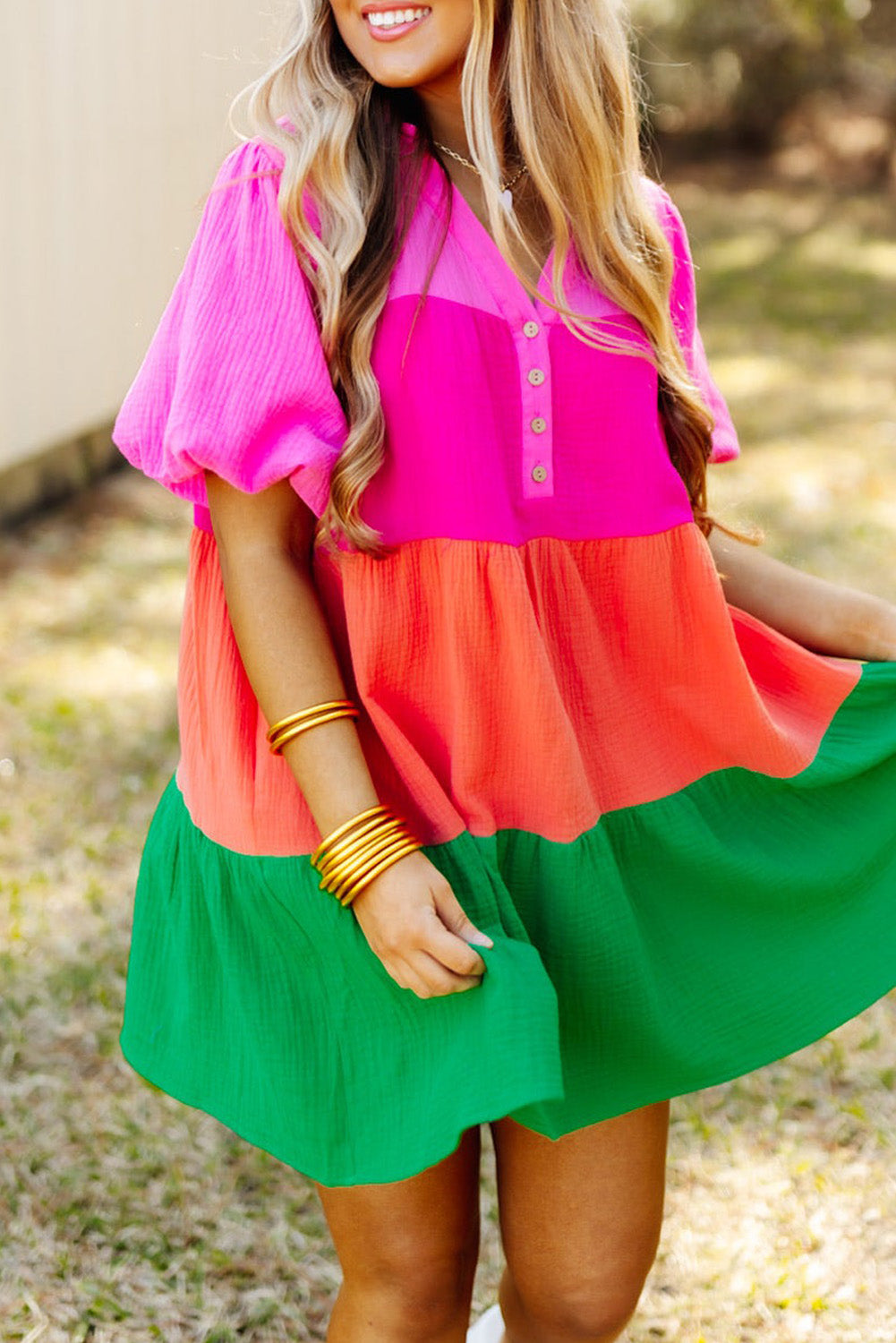 Multicolor Color Block Tiered Puff Sleeve Dress | Dresses/Mini Dresses