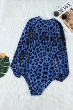 Load image into Gallery viewer, Blue Leopard Print Zipper Cut-out Rash Guard Swimsuit | Swimwear/Rash Guards
