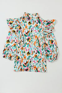 Multicolor Abstract Print 3/4 Puff Sleeve Ruffle Blouse | Tops/Blouses & Shirts